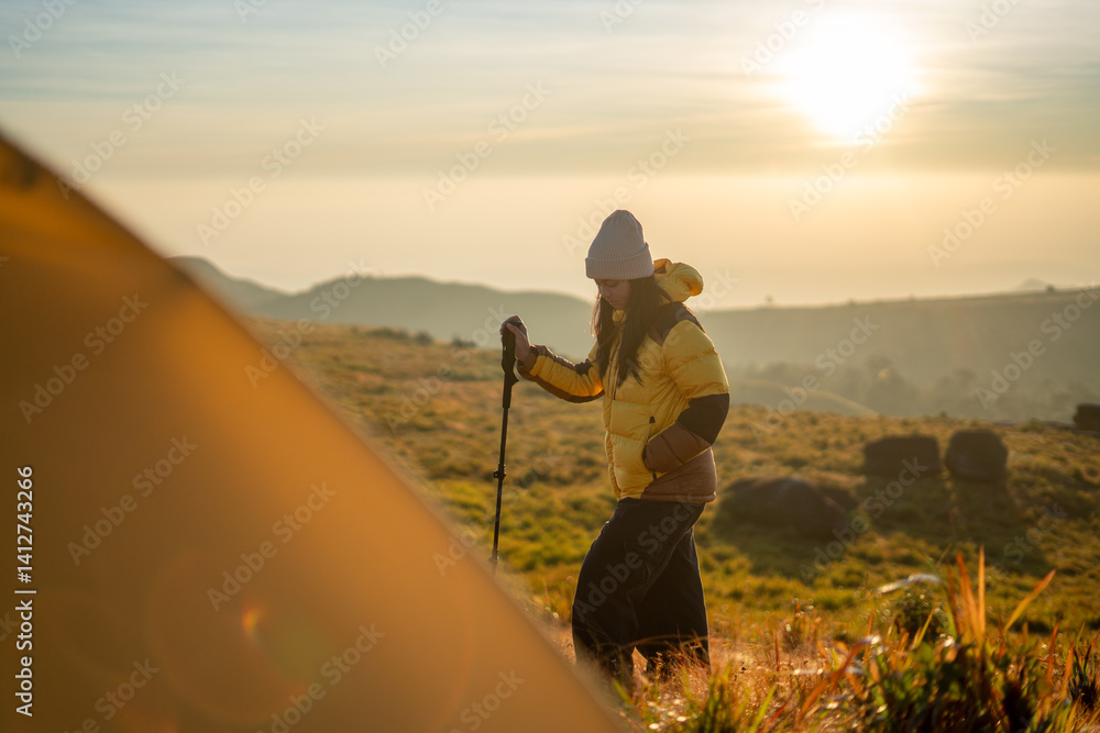 Hiking adventure at sunrise mountain landscape outdoor experience nature scenic view exploration