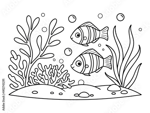 Coloring book page for adults. Underwater seabed with algae and corals, line art design, and fish