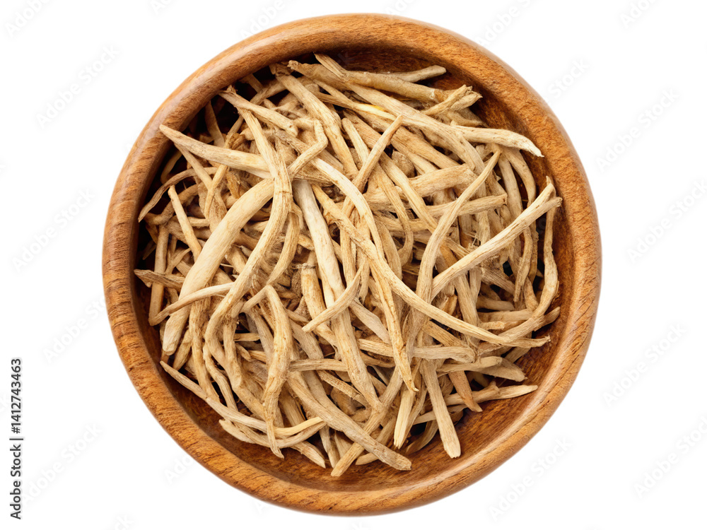 Safed Musli dry Roots on single wooden bowl isolated on white background. Suitable for marketing or business purposes. PNG file Safed Musli dry Roots on single wooden bowl isolated on white background. Suitable for marketing or business purposes. PNG file