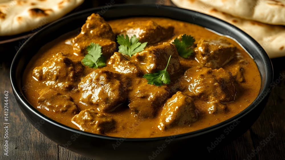 Lamb curry with garam masala in thick gravy, presented in a neat black bowl with naan, soft shadow and natural light Lamb curry with garam masala in thick gravy, presented in a neat black bowl with naan, soft shadow and natural light