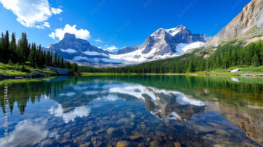Naklejka premium Stunning mountain landscape reflected in serene lake surrounded by greenery : Generative AI