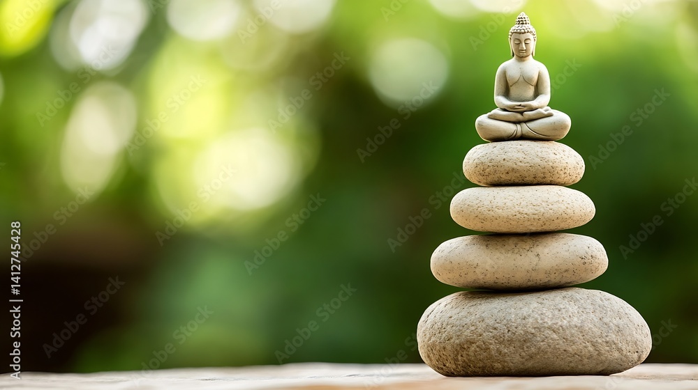Obraz premium Buddha Statue on Stacked Stones for Tranquility and Mindfulness in Nature : Generative AI