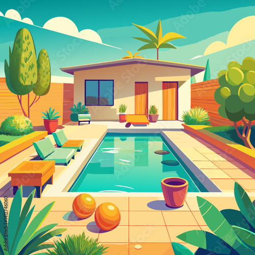 A Vibrant Mid-Century Modern Backyard Oasis with Sparkling Pool