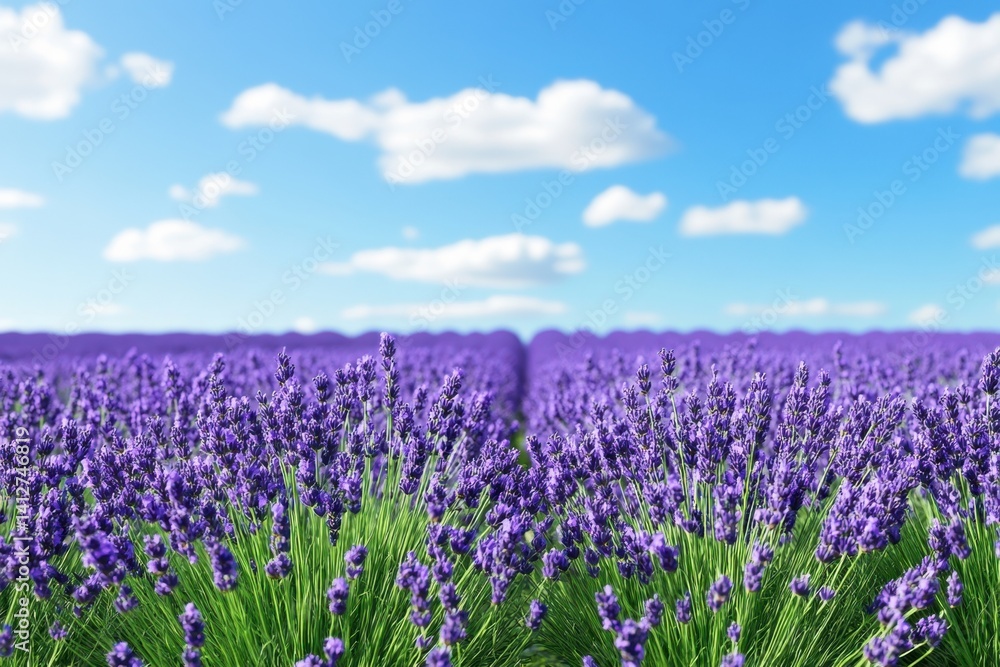 Naklejka premium Lavender fields under a clear blue sky create a serene landscape during summer