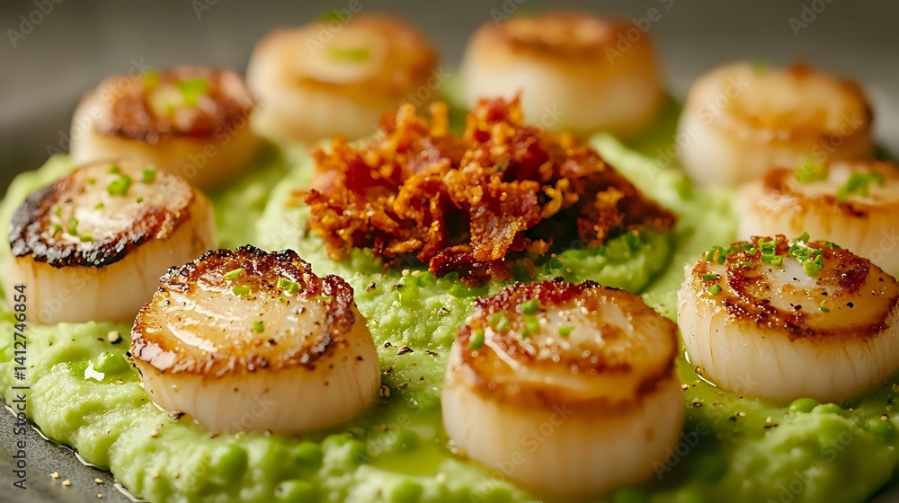 Seared scallops with pea puree and crispy pancetta, beautifully arranged in a circular pattern, soft focus and light Seared scallops with pea puree and crispy pancetta, beautifully arranged in a circular pattern, soft focus and light