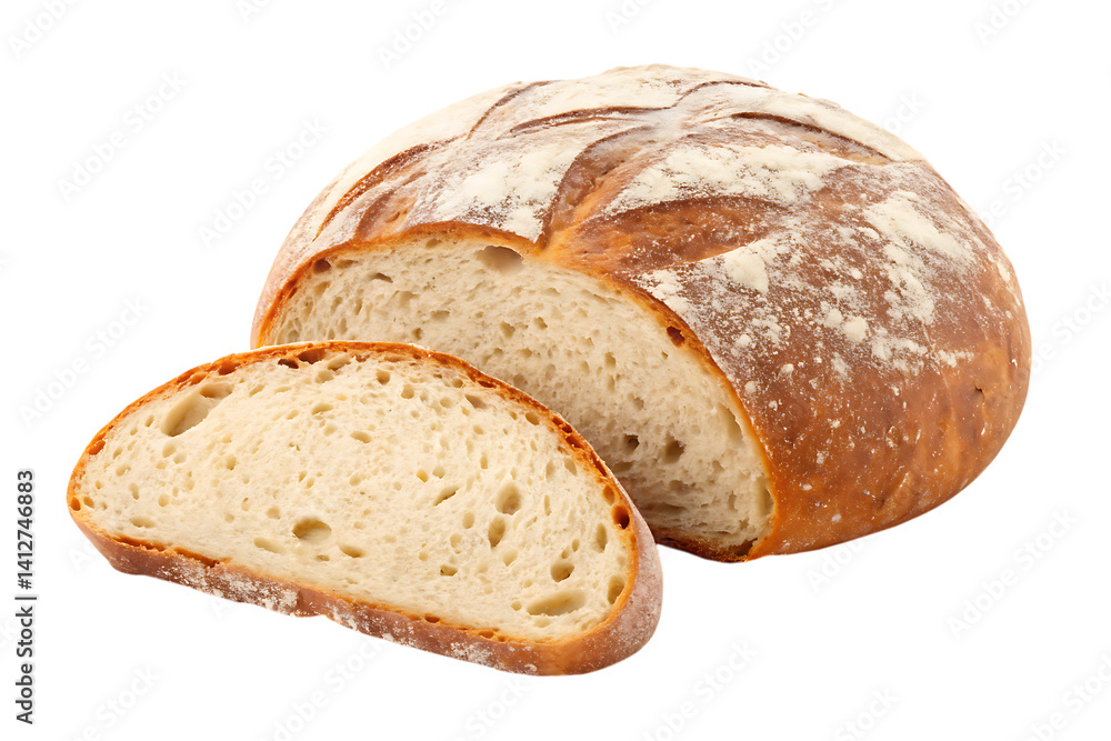 Freshly baked sourdough bread loaf with slice on transparent background Freshly baked sourdough bread loaf with slice on transparent background