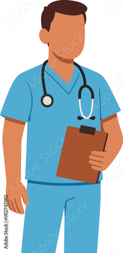Male Nurse Medical Professional Vector  Light Blue Scrubs, Stethoscope, and Clipboard