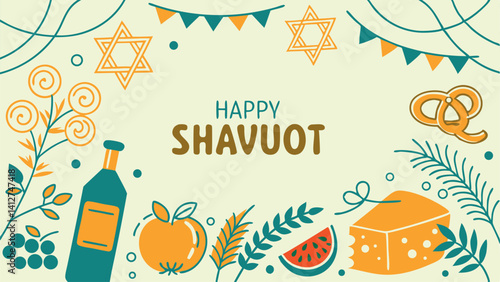Shavuot Celebration Star of David, Bunting, Bottle, Wheat, Cheese, and Fruits Design