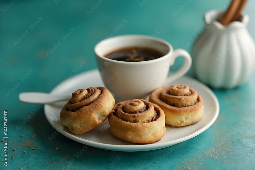 Enjoying Cinnamon Rolls with Coffee on Rustic Table Enjoying Cinnamon Rolls with Coffee on Rustic Table