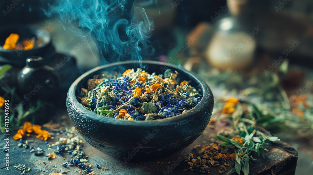 bowl with gathering herb and dry flowers. Aesthetic Aromatherapy and organic alternative medicine. atmosphere of mystery and magical traditions.