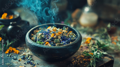 Obraz na płótnie bowl with gathering herb and dry flowers. Aesthetic Aromatherapy and organic alternative medicine. atmosphere of mystery and magical traditions. w salonie