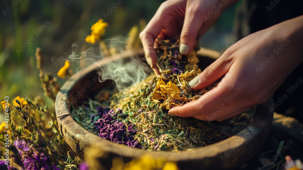 hands with gathering herb and dry flowers. Aesthetic Aromatherapy and organic alternative medicine. atmosphere of mystery and magical traditions.