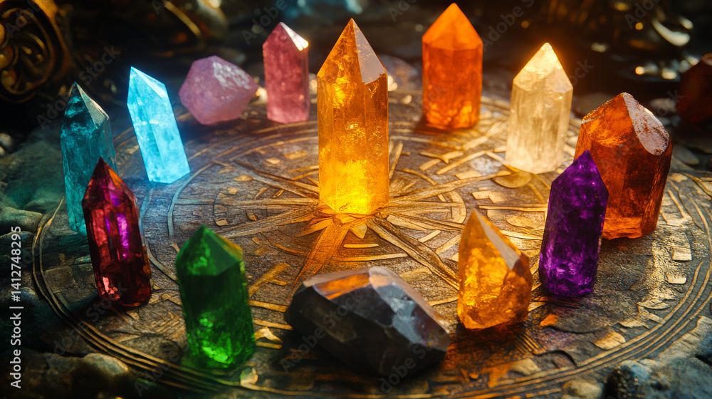 Set of healing chakra mineral stones for crystal healing. Natural Colourful stones for cleansing environment from negative energy, adding positive vibes. Spriritual practices background