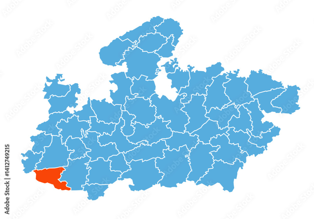 Fototapeta premium Barwani District map highlighted in Madhya Pradesh state map 
