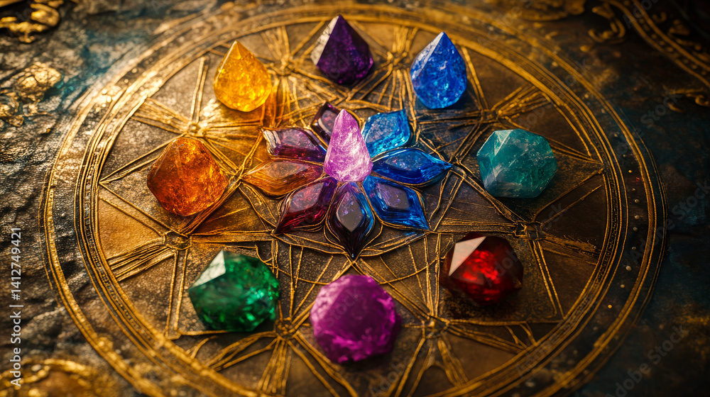 Set of healing chakra mineral stones for crystal healing. Natural Colourful stones for cleansing environment from negative energy, adding positive vibes. Spriritual practices background