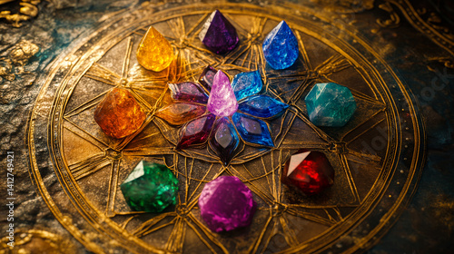 Set of healing chakra mineral stones for crystal healing. Natural Colourful stones for cleansing environment from negative energy, adding positive vibes. Spriritual practices background