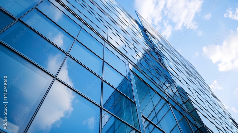 Modern glass skyscraper reflecting bright clouds in a vibrant city skyline under blue sky : Generative AI Modern glass skyscraper reflecting bright clouds in a vibrant city skyline under blue sky : Generative AI