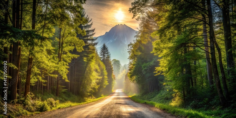 Obraz premium Serene Sunset Road Through Lush Forest Leading to Majestic Mountain