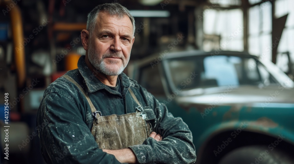 A confident senior male mechanic stands in a workshop, showcasing his expertise and experience. Surrounded by vintage cars, he embodies craftsmanship and dedication. A confident senior male mechanic stands in a workshop, showcasing his expertise and experience. Surrounded by vintage cars, he embodies craftsmanship and dedication.