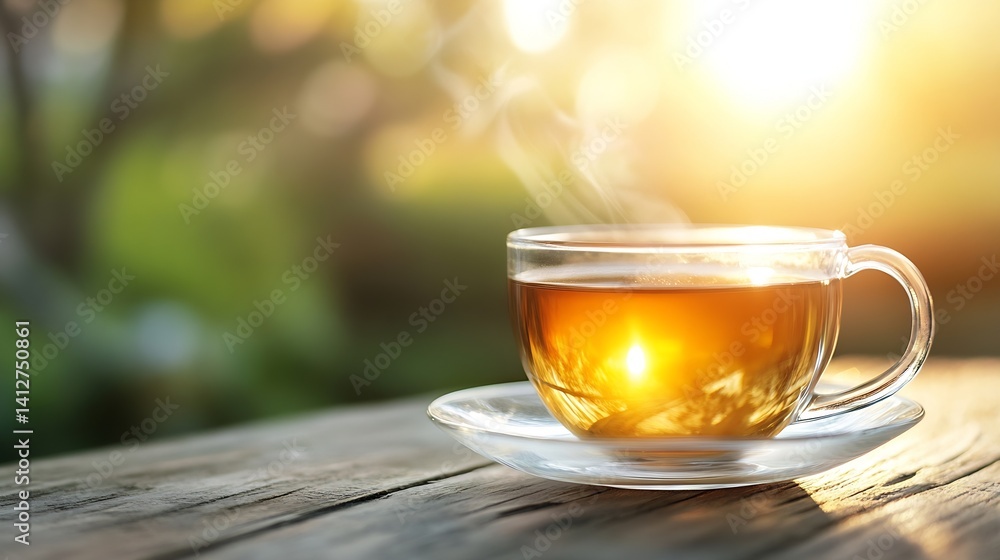 Steaming Cup of Tea in the Morning Sun on a Rustic Wooden Table : Generative AI Steaming Cup of Tea in the Morning Sun on a Rustic Wooden Table : Generative AI