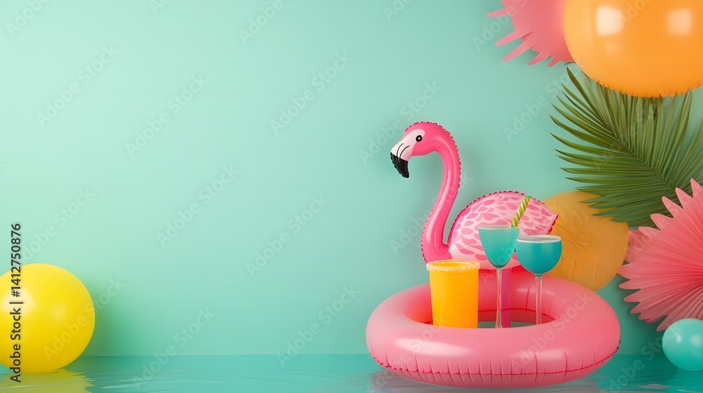 Vibrant Flamingo-Themed Pool Party Setting with Colorful Inflatables and Refreshing Drinks