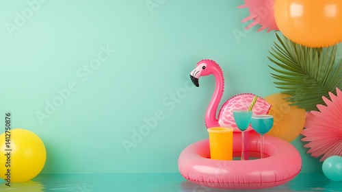 Obraz na płótnie Vibrant Flamingo-Themed Pool Party Setting with Colorful Inflatables and Refreshing Drinks w salonie