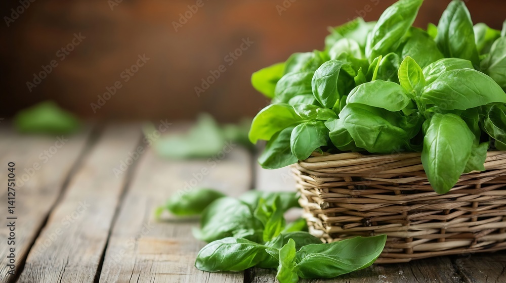 Fototapeta premium Fresh green basil leaves in a rustic wicker basket on wooden table background : Generative AI
