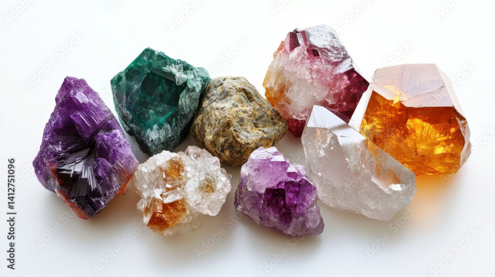 Set of magic healing chakra mineral stones for crystal healing. Natural Colourful stones for cleansing environment from negative energy. Spriritual practices background