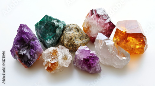 Set of magic healing chakra mineral stones for crystal healing. Natural Colourful stones for cleansing environment from negative energy. Spriritual practices background