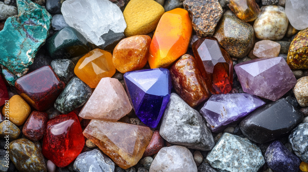Set of healing chakra mineral stones for crystal healing. Natural Colourful stones for cleansing environment from negative energy, adding positive vibes. Spriritual practices background