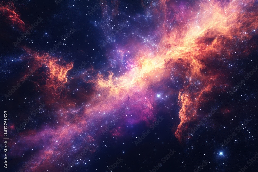 Naklejka premium Bright cosmic nebula and swirling gases illuminate the night sky with vibrant colors