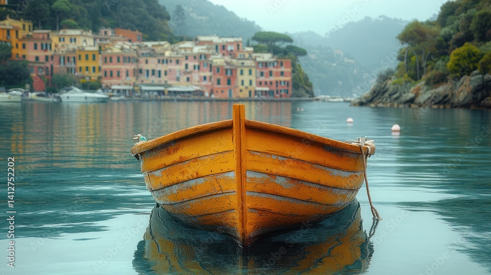 Wooden boat tranquil water village