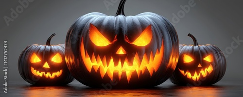 Spooky Halloween Pumpkins with Evil Faces Glowing in Dark Background