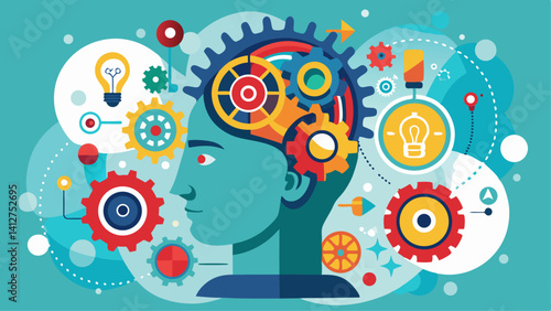 Vector icon representing Critical thinking and intelligent problem solving skills. Gears cogs in head. Human, man head silhouette. Symbol for apps and
