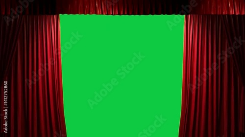 A luxurious red velvet curtain with intricate folds opening to reveal a green screen backdrop, ideal for creative video projects and stage performances.