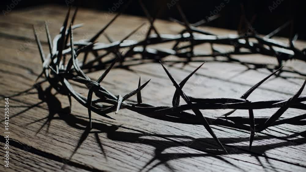 A dramatic close-up video shot of a crown of thorns on a wooden table, casting intricate shadows, captured from a low angle for intense focus. A dramatic close-up video shot of a crown of thorns on a wooden table, casting intricate shadows, captured from a low angle for intense focus.