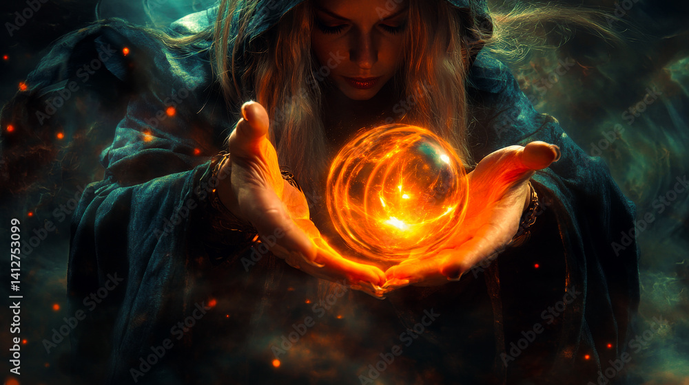 Magical Mystic luminous swirling glowing ball in the palm of a witch wizard. woman during a witchcraft and occult esoteric spiritual ritual. Magic and sorcery Magical Mystic luminous swirling glowing ball in the palm of a witch wizard. woman during a witchcraft and occult esoteric spiritual ritual. Magic and sorcery