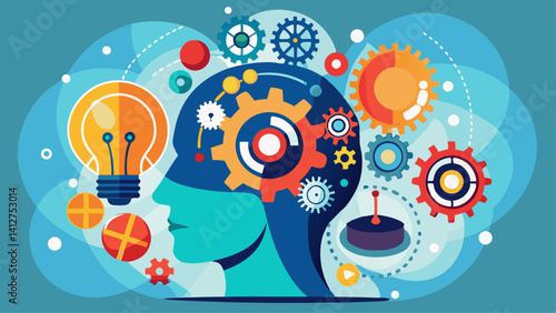 Vector icon representing Critical thinking and intelligent problem solving skills. Gears cogs in head. Human, man head silhouette. Symbol for apps and