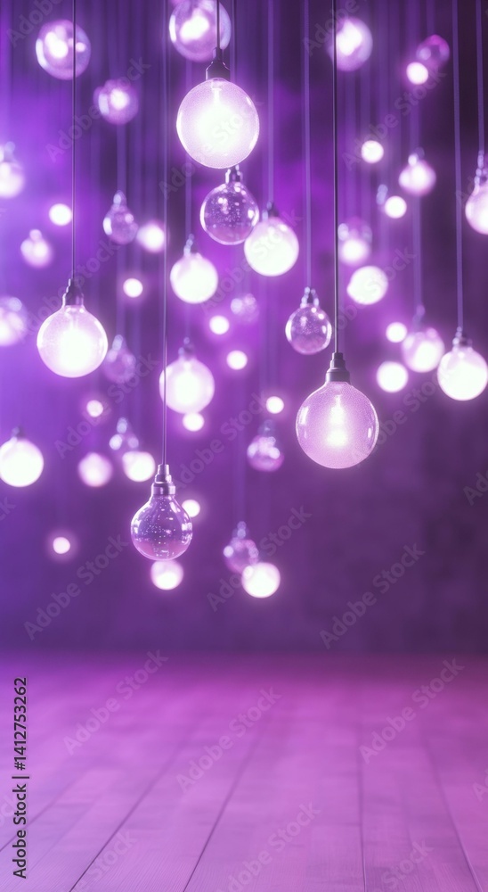 Fototapeta premium Illuminated Globe Light Bulbs Suspended from Ceiling in Purple Room