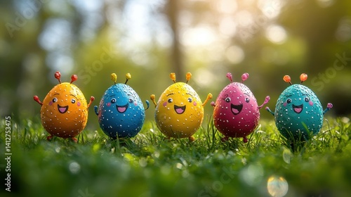 Colorful Joyful Easter Eggs with Smiles and Raindrops in Nature