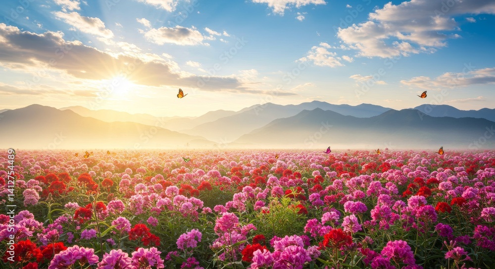 Obraz premium Sunny Mountain Meadow with Pink and Red Flowers - Serene landscape of pink and red flowers blooming in a vast field, bathed in sunrise light with majestic mountains in the background