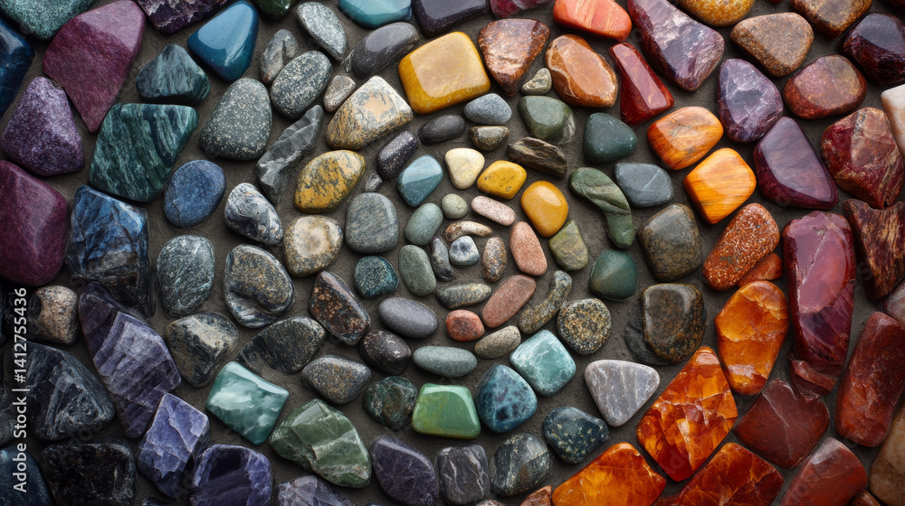 Set of healing chakra mineral stones for crystal healing. Natural Colourful stones for cleansing environment from negative energy, adding positive vibes. Spriritual practices flat lay