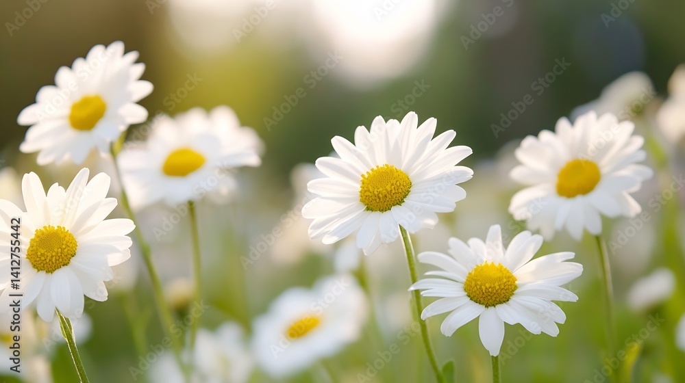 Fototapeta premium Blooming daisies in sunlight creating a peaceful spring atmosphere with vibrant white petals and yellow centers : Generative AI