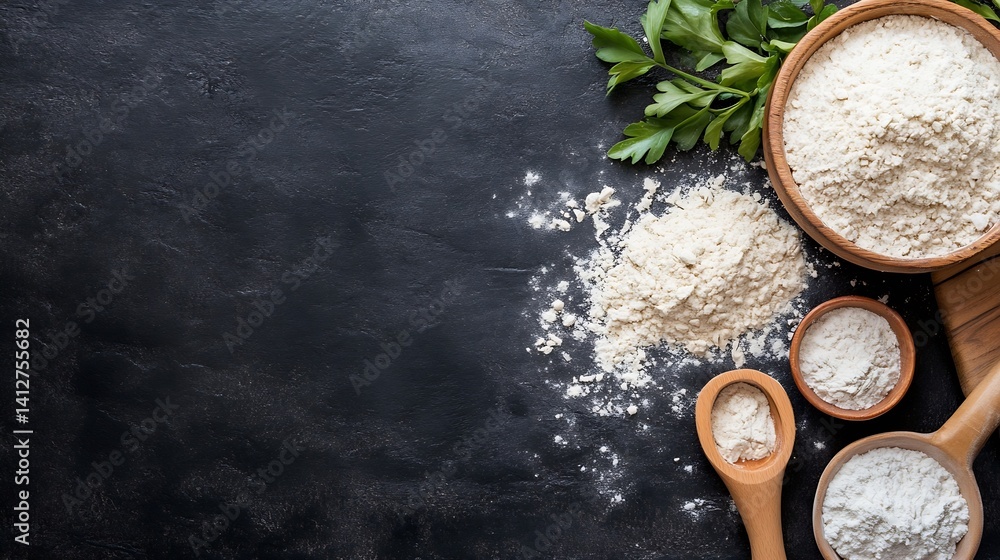 Fresh flour and herbs on dark background for cooking and baking : Generative AI Fresh flour and herbs on dark background for cooking and baking : Generative AI