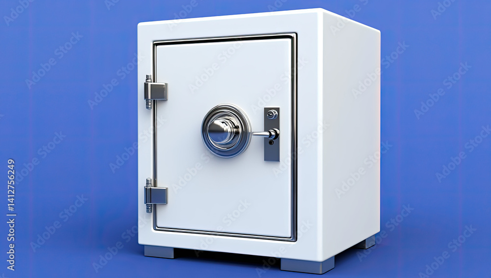 White security safe with silver accents on blue background White security safe with silver accents on blue background