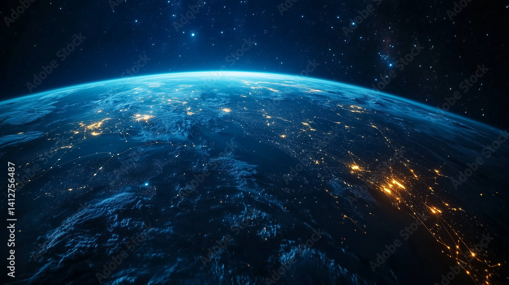 Fototapeta premium 宇宙空間に浮かぶネットワークでつながるデジタル地球