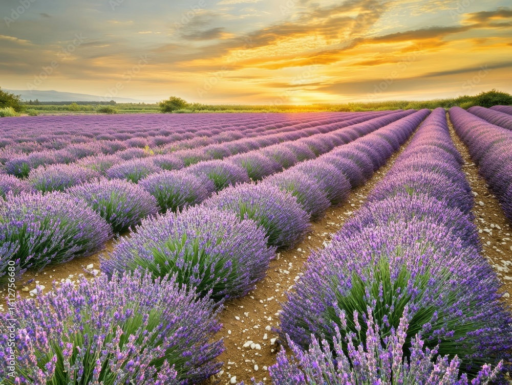 Obraz premium Lavender Field's Embrace: A breathtaking panorama of rows of lavender plants stretches towards the horizon, bathed in the warm, golden light of the setting sun.