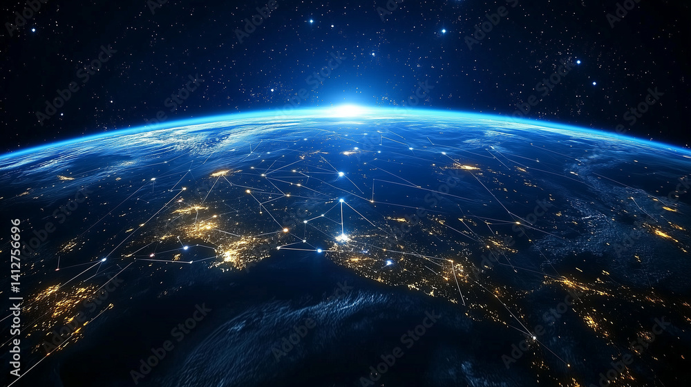 Fototapeta premium 宇宙空間に浮かぶネットワークでつながるデジタル地球