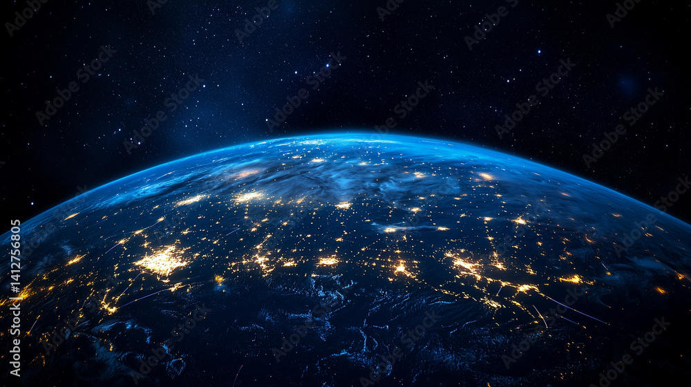 Obraz premium 宇宙空間に浮かぶネットワークでつながるデジタル地球