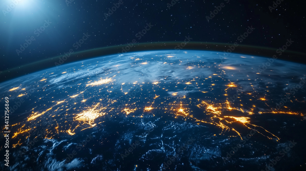 Fototapeta premium 宇宙空間に浮かぶネットワークでつながるデジタル地球